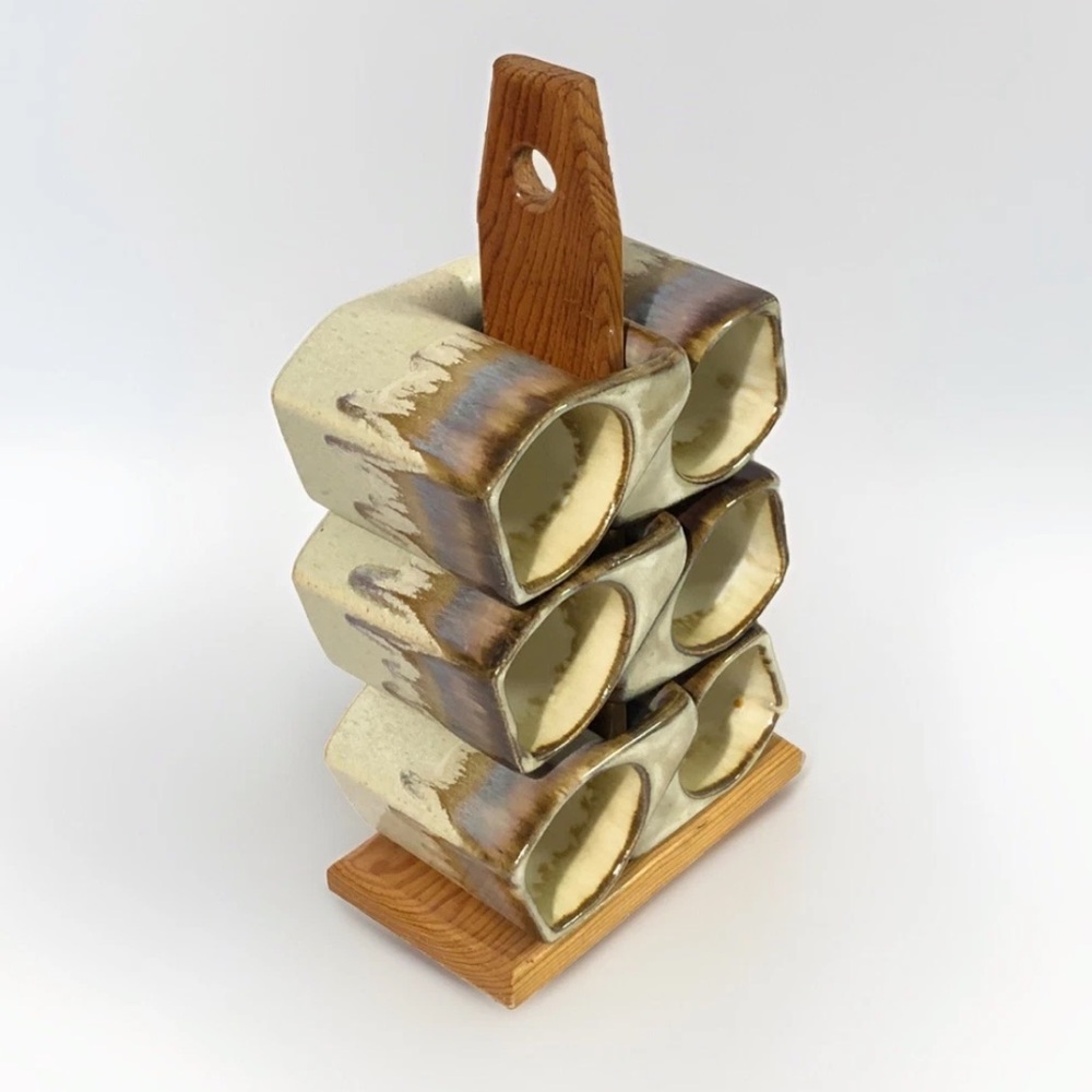 Rodolfo Padilla Drip Glazed Coffee Mugs Wood Stand Signed Set 6